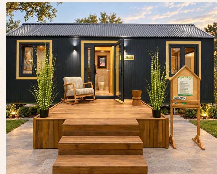 Modell Noir – Tiny House mit anthrazitfarbener Fassade und beleuchteter Holzterrasse
